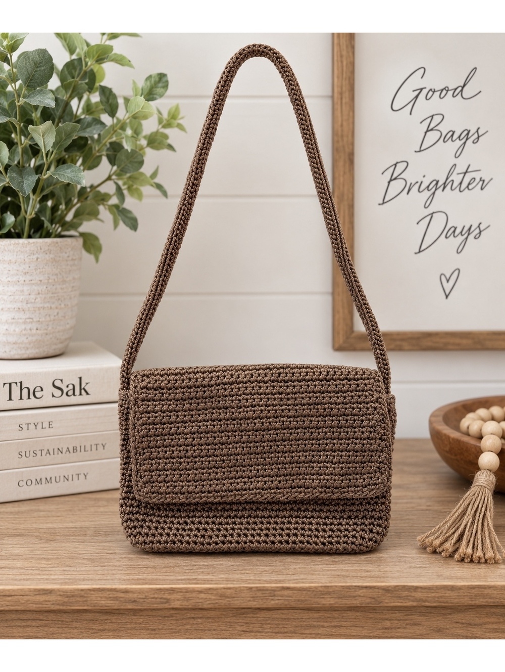 The Sak Brown Crochet Shoulder Bag Flap Purse Magnetic Snap Made Indonesia